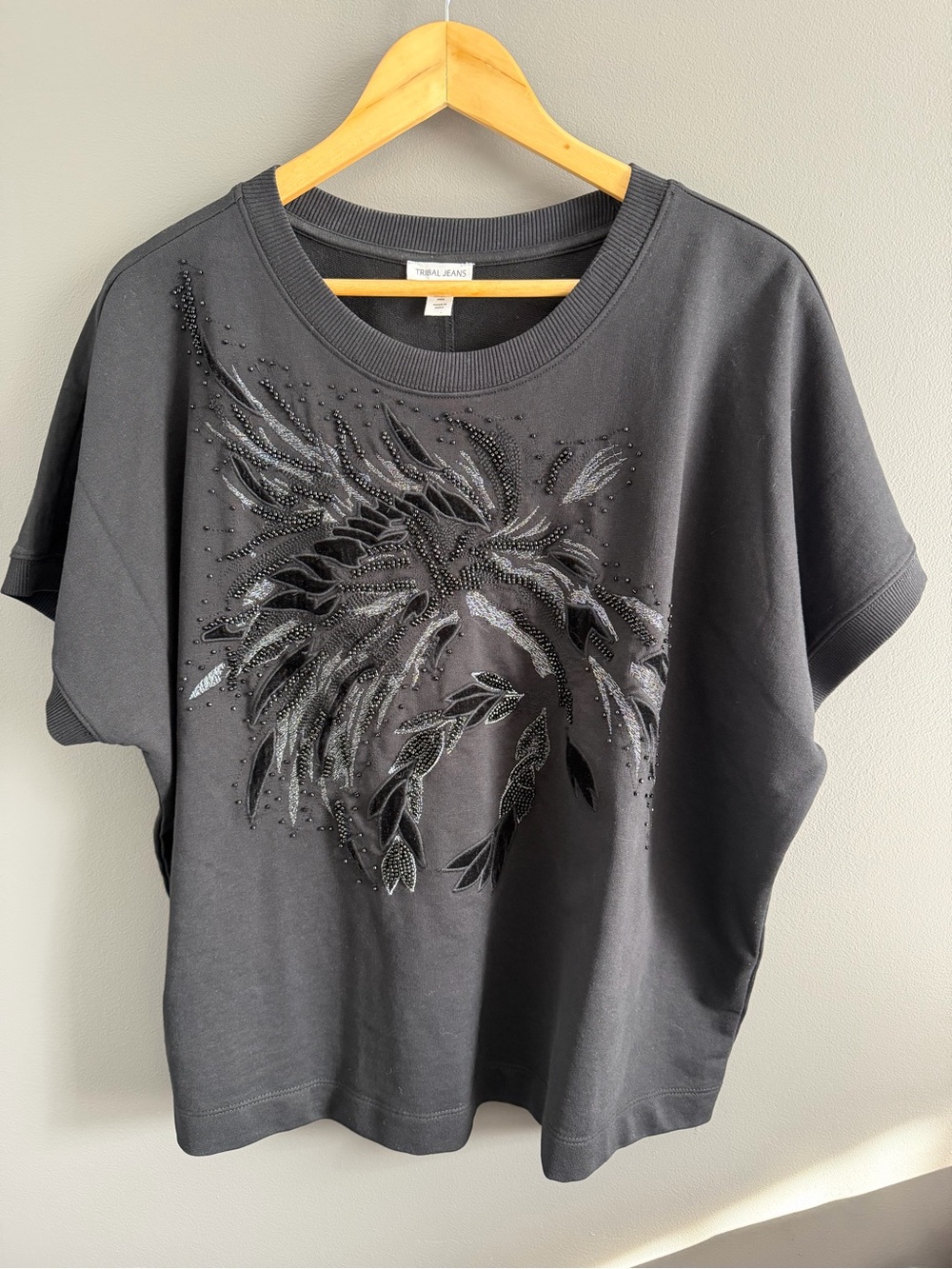 Tribal Jeans Beaded Embellished Black Short-Sleeve Women’s Tee